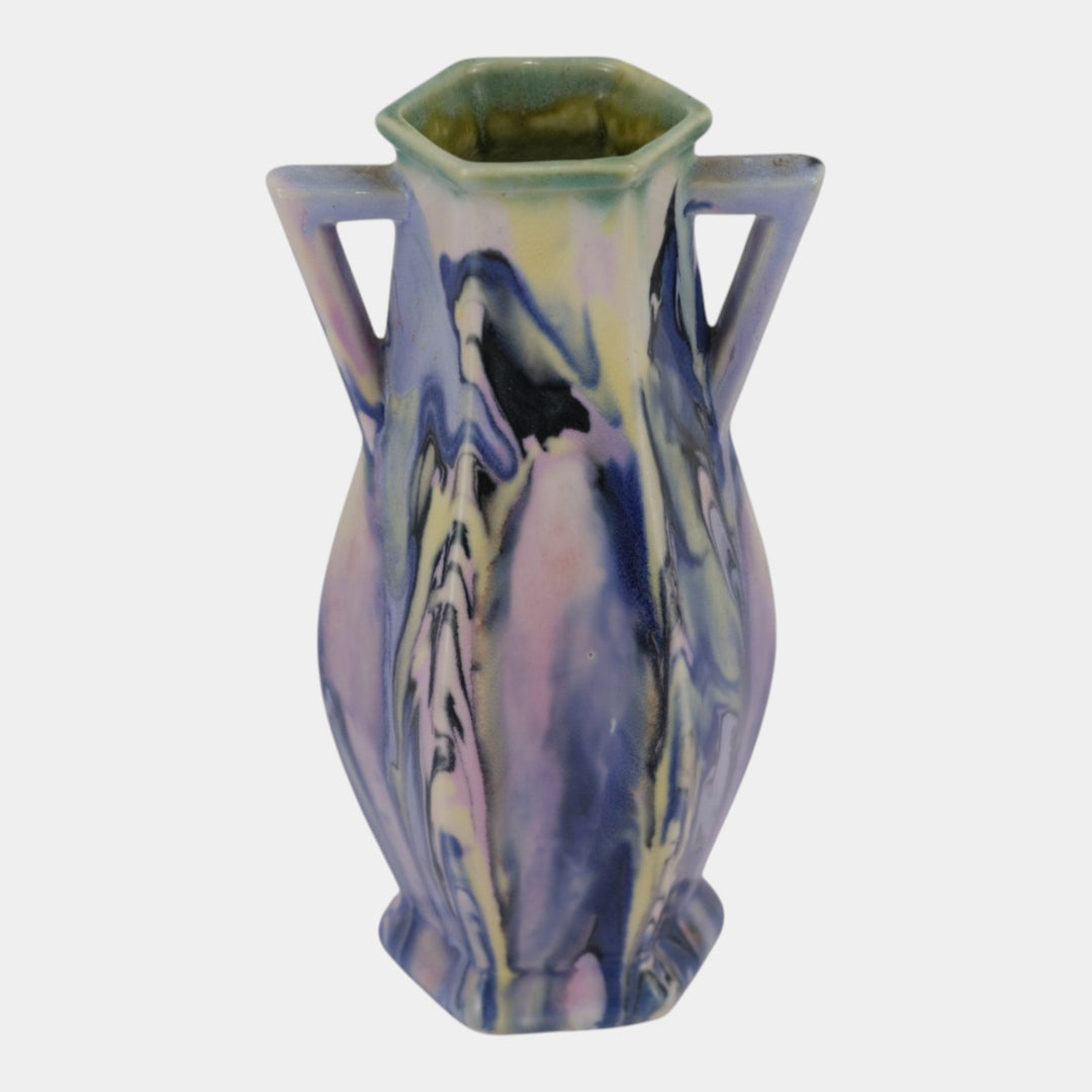 Mueller Pottery Illinois 1920s Art Deco Marbleized Handled Ceramic Cabinet Vase