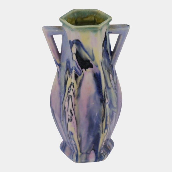Mueller Pottery Illinois 1920s Art Deco Marbleized Handled Ceramic Cabinet Vase
