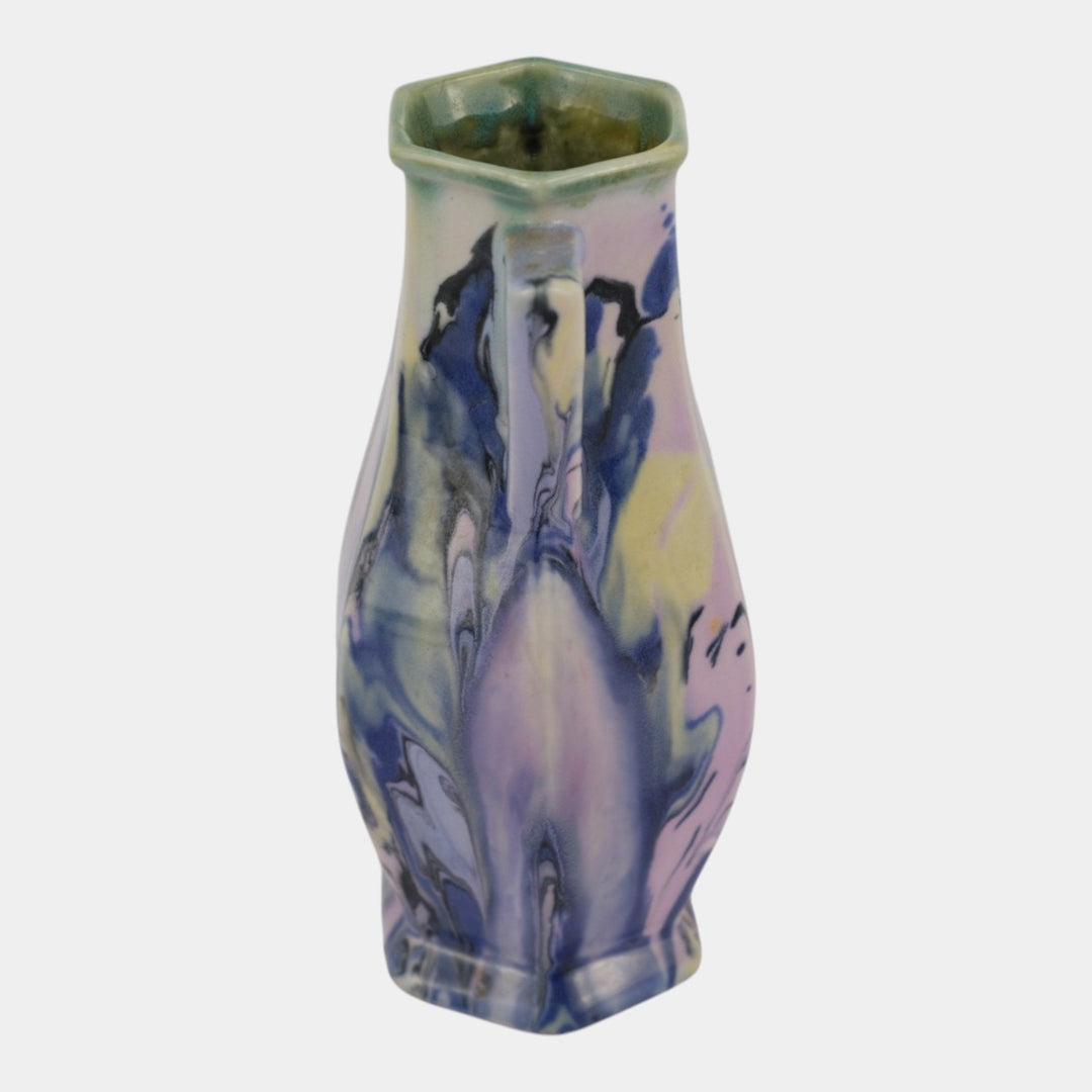 Mueller Pottery Illinois 1920s Art Deco Marbleized Handled Ceramic Cabinet Vase