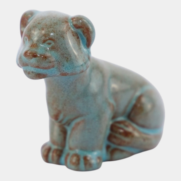 Nicodemus Pottery Turquoise Brown Lion Cub Figural Art Pottery Animal Figurine