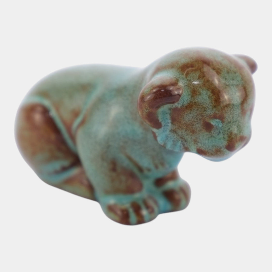 Nicodemus Pottery Turquoise Brown Lion Cub Figural Art Pottery Animal Figurine