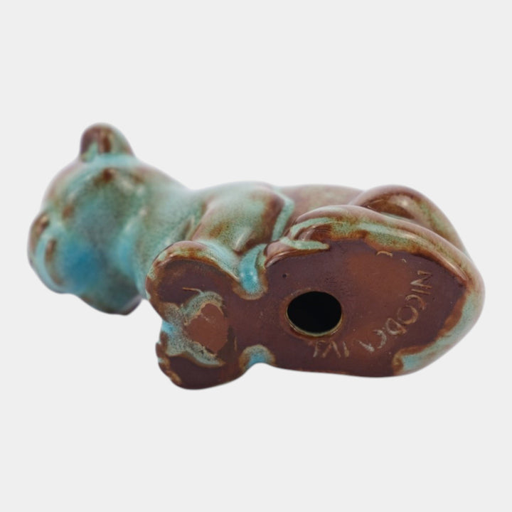 Nicodemus Pottery Turquoise Brown Lion Cub Figural Art Pottery Animal Figurine