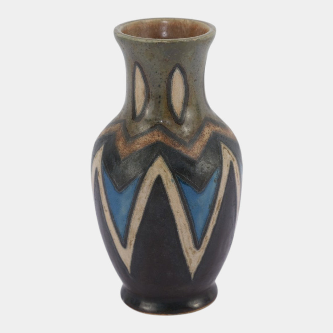 Quimper Odetta French Art Deco Blue Black Geometric Art Pottery Ceramic Vase