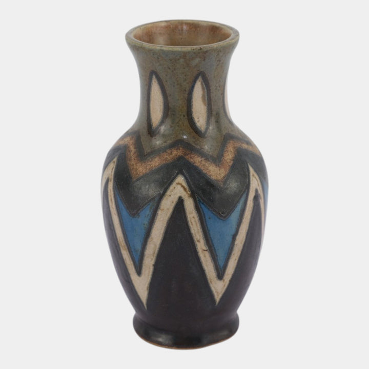 Quimper Odetta French Art Deco Blue Black Geometric Art Pottery Ceramic Vase