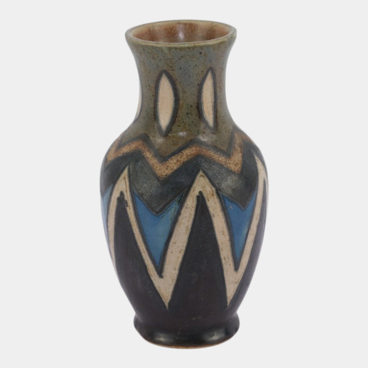 Quimper Odetta French Art Deco Blue Black Geometric Art Pottery Ceramic Vase