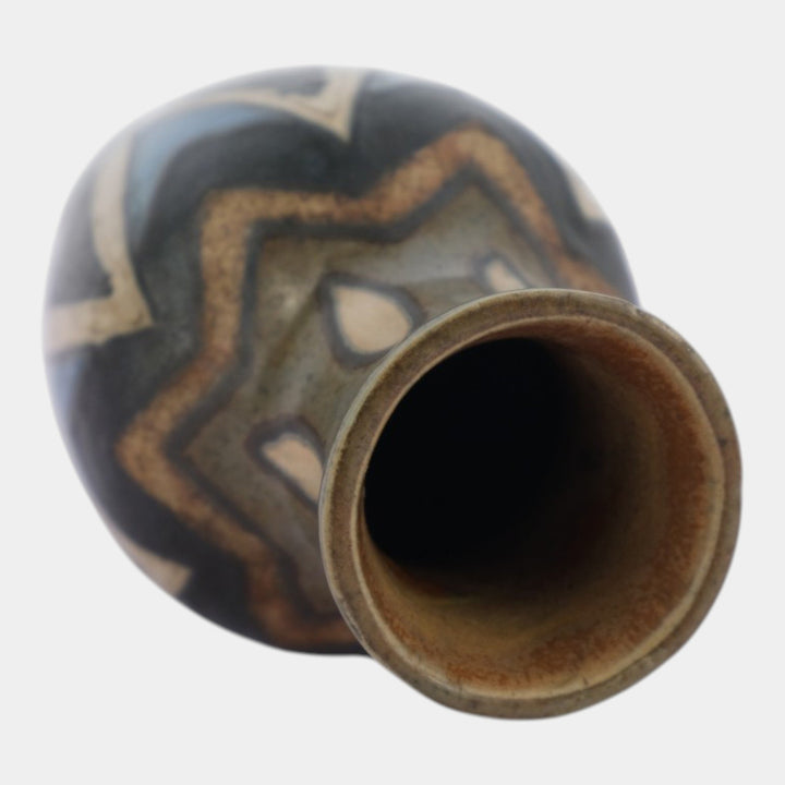 Quimper Odetta French Art Deco Blue Black Geometric Art Pottery Ceramic Vase