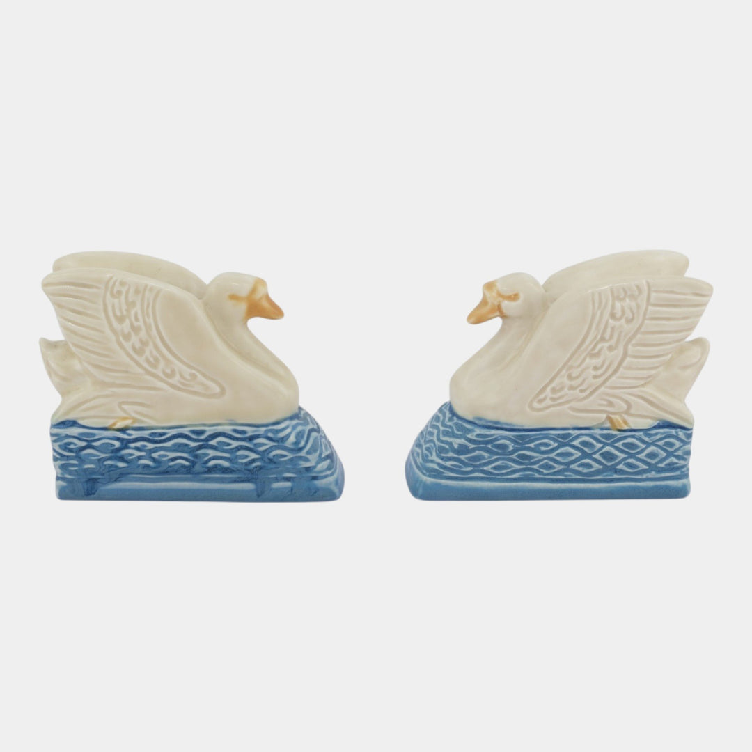 Rookwood 1929 Vintage Art Pottery White Blue Swan Ceramic Bookends 6021