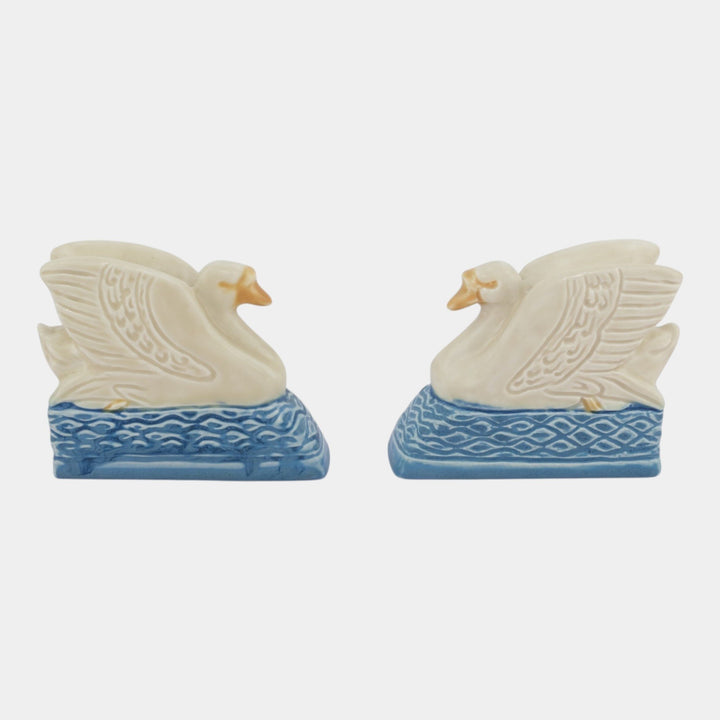 Rookwood 1929 Vintage Art Pottery White Blue Swan Ceramic Bookends 6021