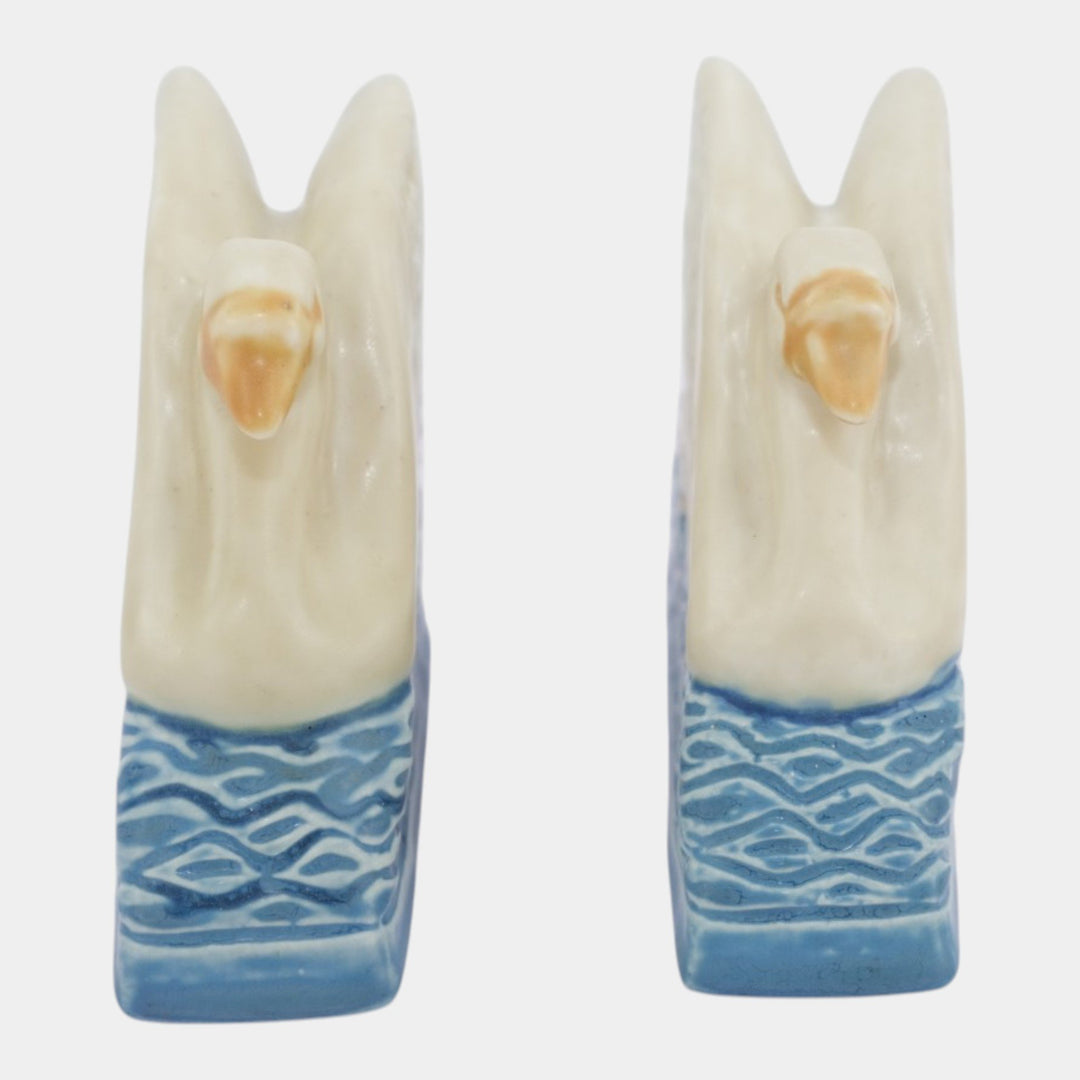 Rookwood 1929 Vintage Art Pottery White Blue Swan Ceramic Bookends 6021