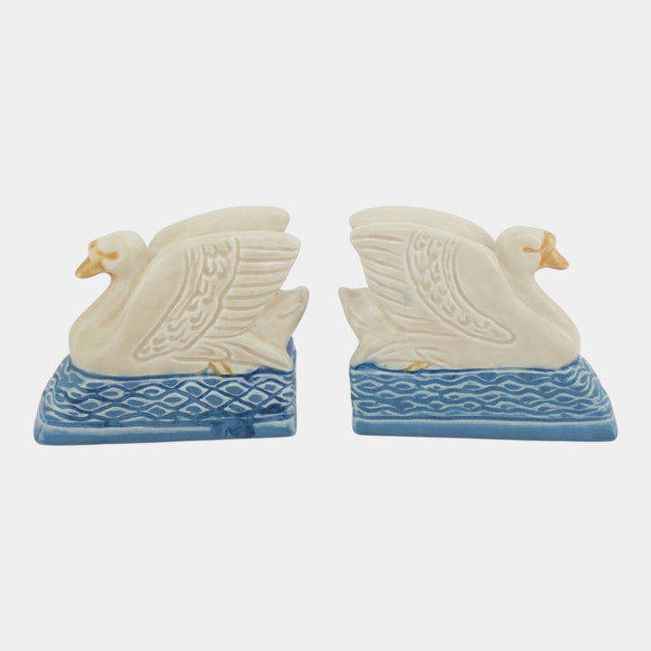 Rookwood 1929 Vintage Art Pottery White Blue Swan Ceramic Bookends 6021