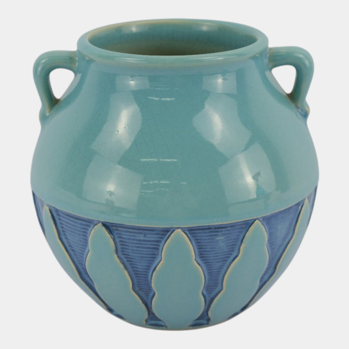 Roseville Experimental Art Deco Pottery Turquoise Blue Stylized Trees Double Handle Vase