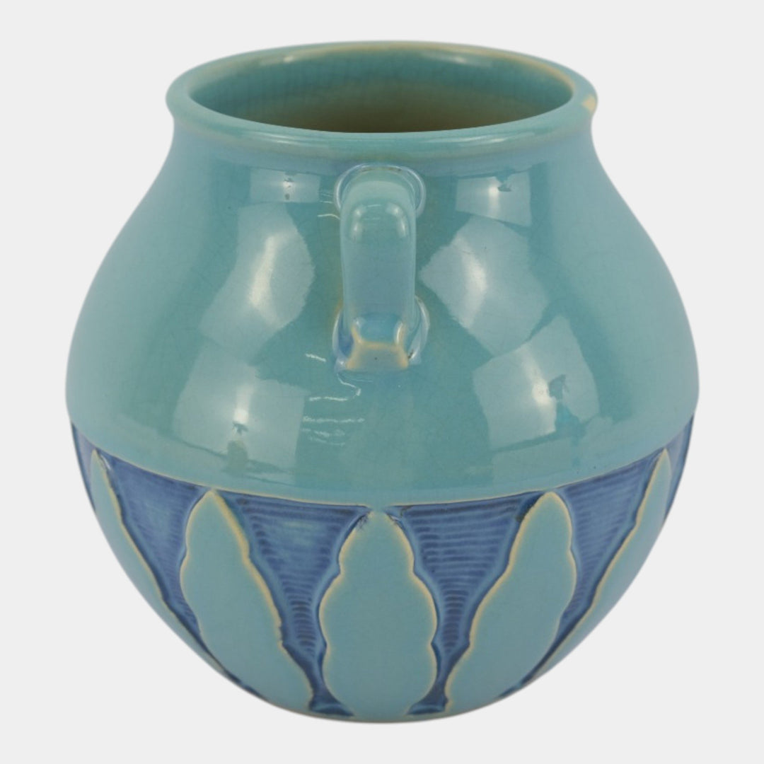Roseville Experimental Art Deco Pottery Turquoise Blue Stylized Trees Double Handle Vase