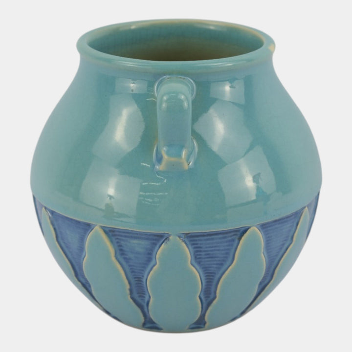 Roseville Experimental Art Deco Pottery Turquoise Blue Stylized Trees Double Handle Vase