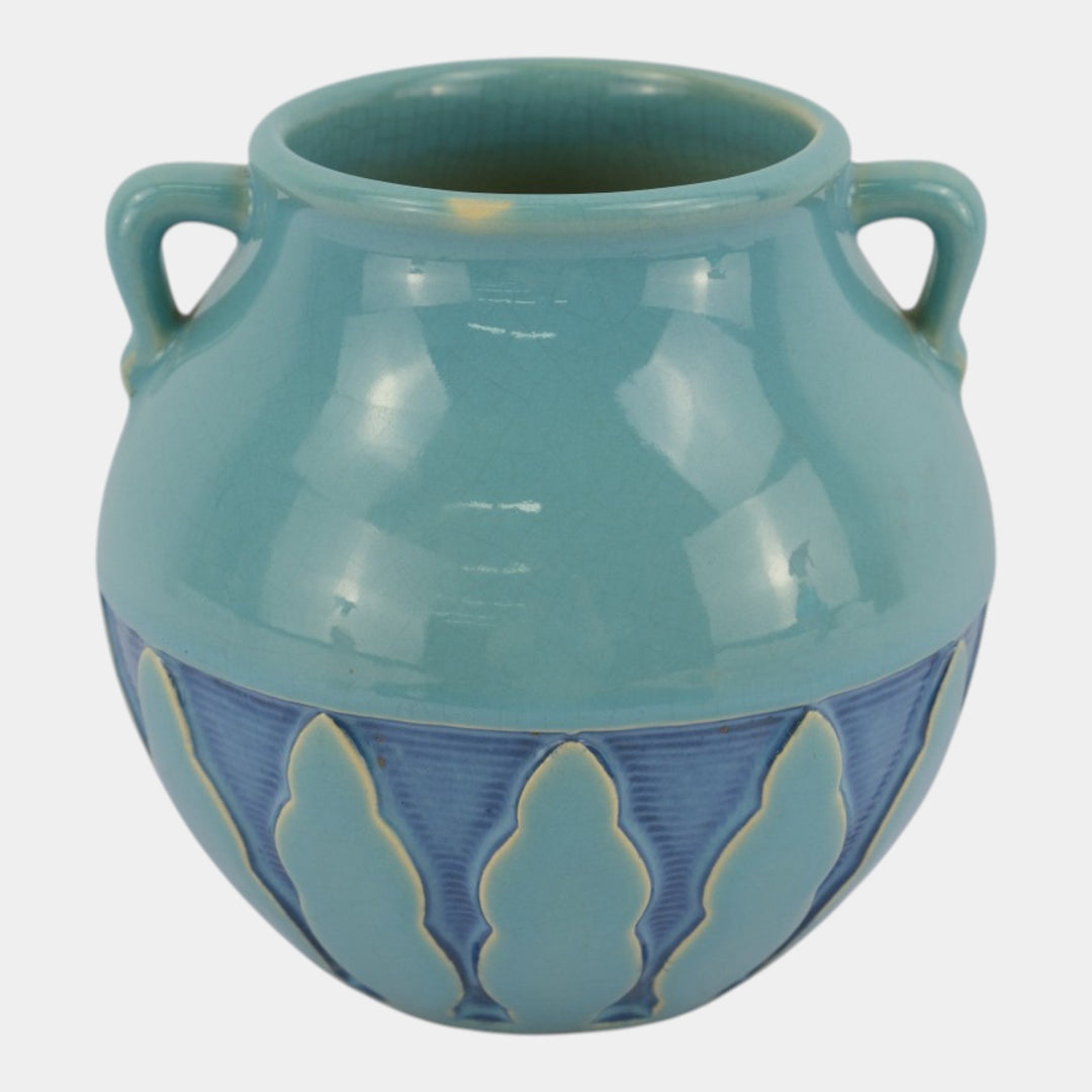 Roseville Experimental Art Deco Pottery Turquoise Blue Stylized Trees Double Handle Vase