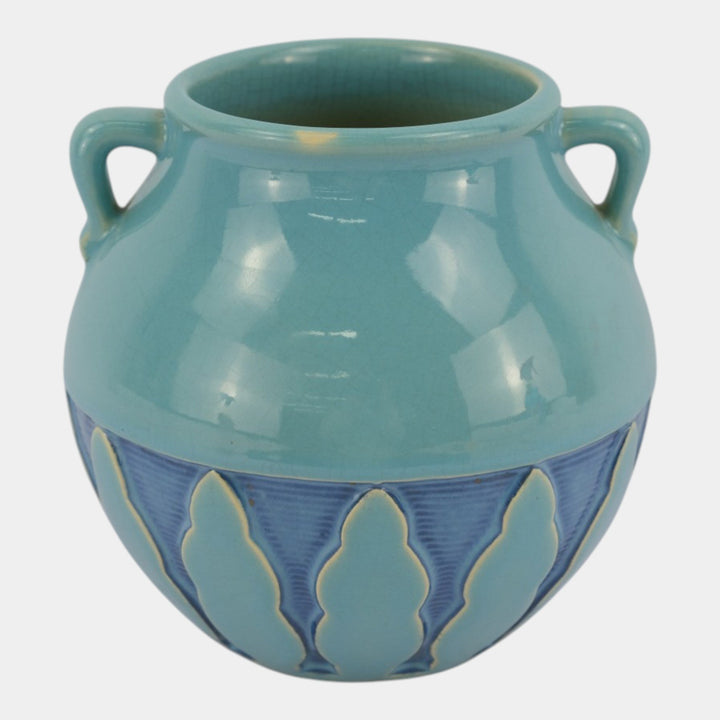 Roseville Experimental Art Deco Pottery Turquoise Blue Stylized Trees Double Handle Vase
