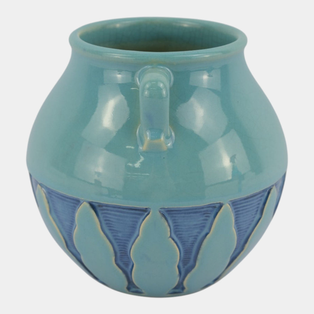 Roseville Experimental Art Deco Pottery Turquoise Blue Stylized Trees Double Handle Vase