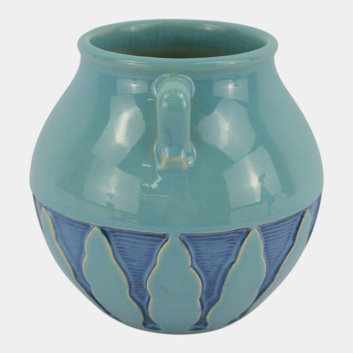 Roseville Experimental Art Deco Pottery Turquoise Blue Stylized Trees Double Handle Vase