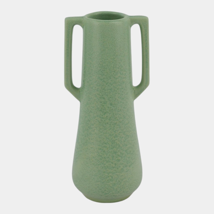 Haeger 1920s Art Pottery Geranium Leaf Frosted Matte Green Handled Adam Vase