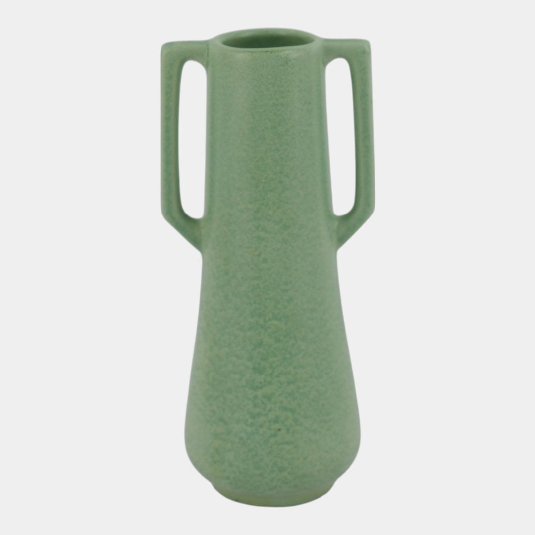 Haeger 1920s Art Pottery Geranium Leaf Frosted Matte Green Handled Adam Vase
