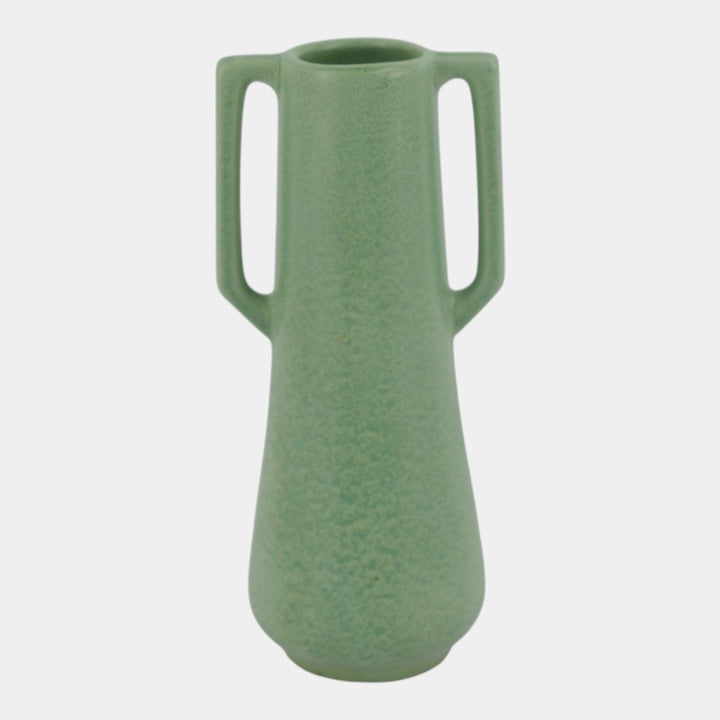 Haeger 1920s Art Pottery Geranium Leaf Frosted Matte Green Handled Adam Vase