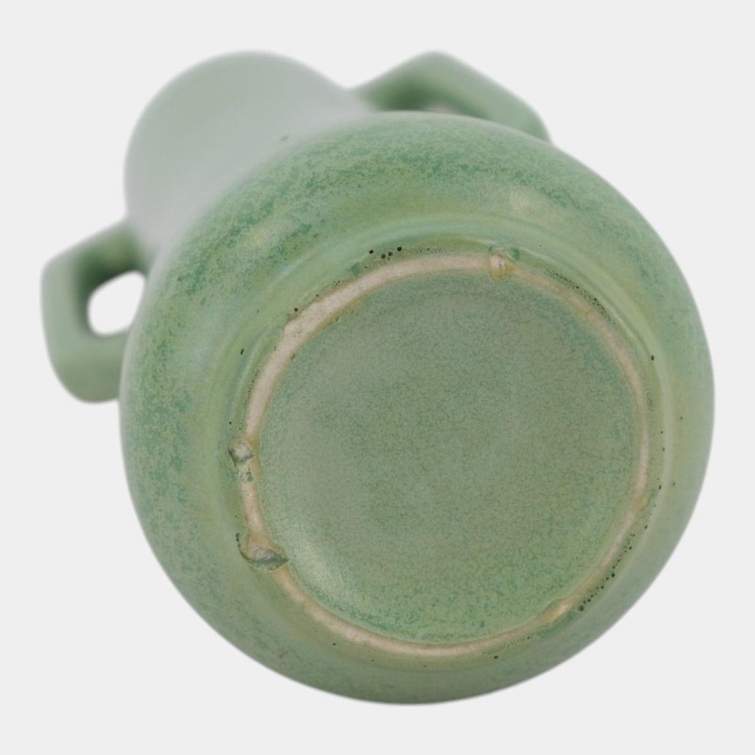 Haeger 1920s Art Pottery Geranium Leaf Frosted Matte Green Handled Adam Vase