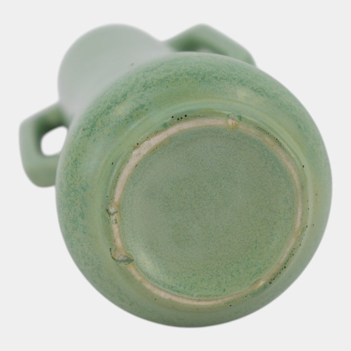 Haeger 1920s Art Pottery Geranium Leaf Frosted Matte Green Handled Adam Vase