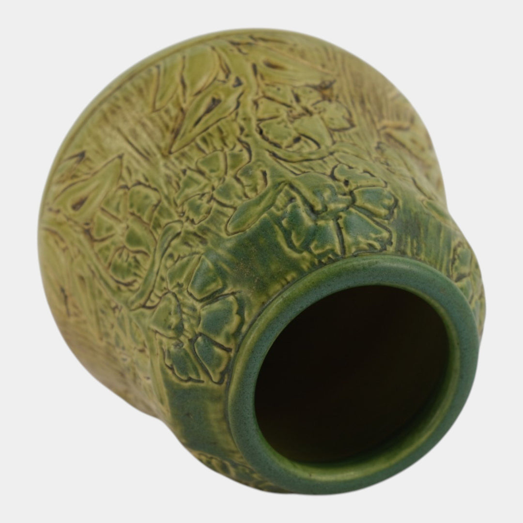 North Dakota School of Mines UND Art Pottery Green Carved Floral Ceramic Vase
