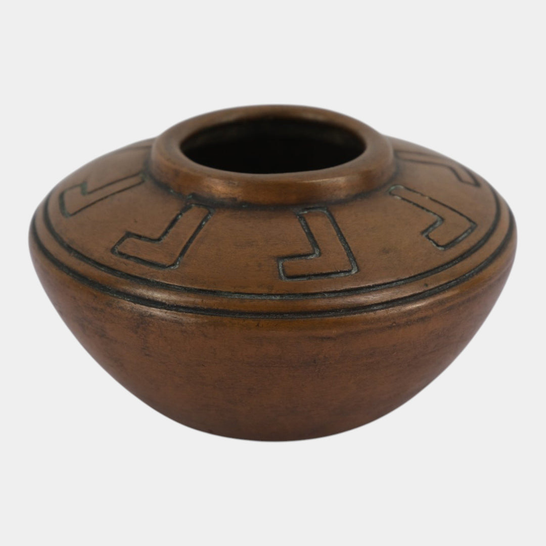 Clewell Pottery Copper Clad Arts and Crafts Geometric Decorated Low Bowl Vase