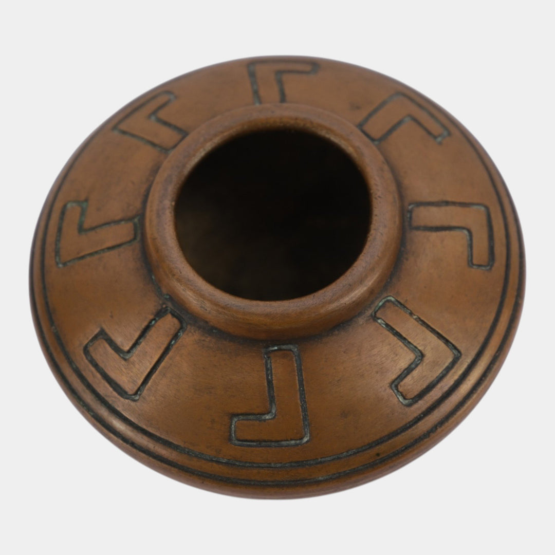 Clewell Pottery Copper Clad Arts and Crafts Geometric Decorated Low Bowl Vase