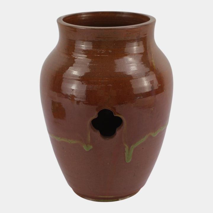 William J. Walley Vintage Arts and Crafts Pottery Brown Quatrefoil Pierced Vase
