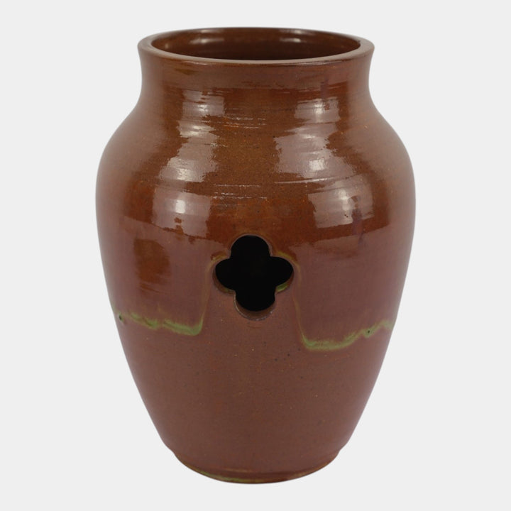 William J. Walley Vintage Arts and Crafts Pottery Brown Quatrefoil Pierced Vase
