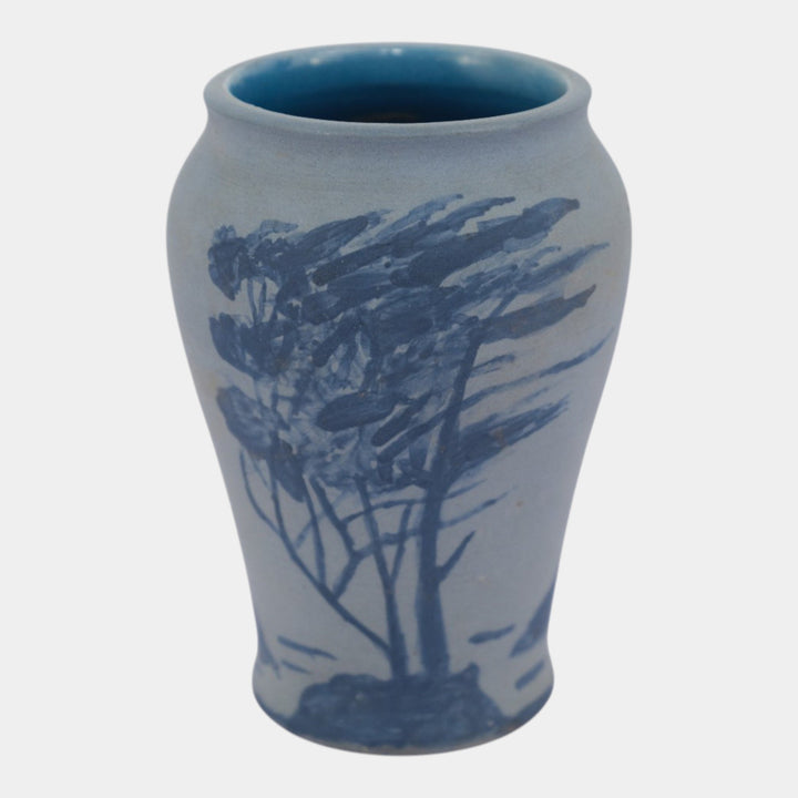 Denver White Arts And Crafts Pottery Hand Painted Blue Blowing Trees Vase