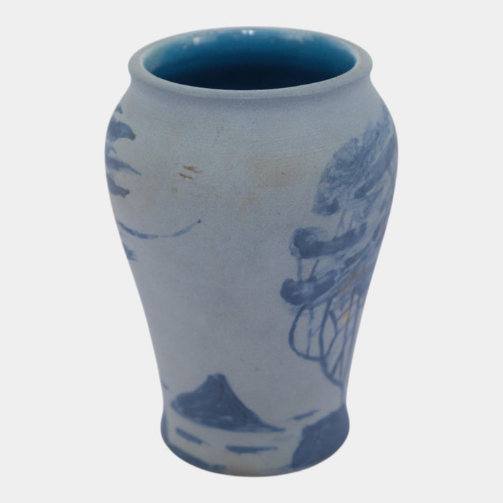 Denver White Arts And Crafts Pottery Hand Painted Blue Blowing Trees Vase