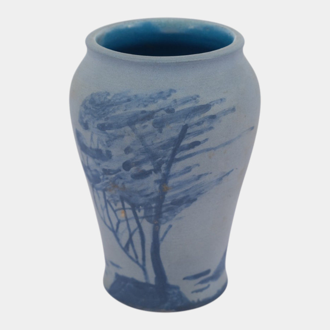 Denver White Arts And Crafts Pottery Hand Painted Blue Blowing Trees Vase