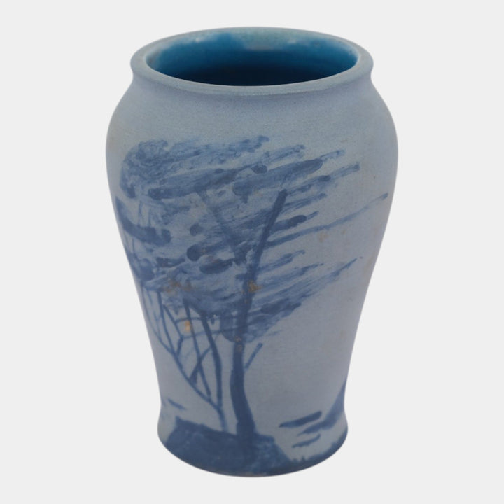 Denver White Arts And Crafts Pottery Hand Painted Blue Blowing Trees Vase