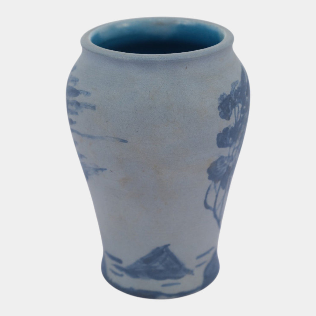 Denver White Arts And Crafts Pottery Hand Painted Blue Blowing Trees Vase