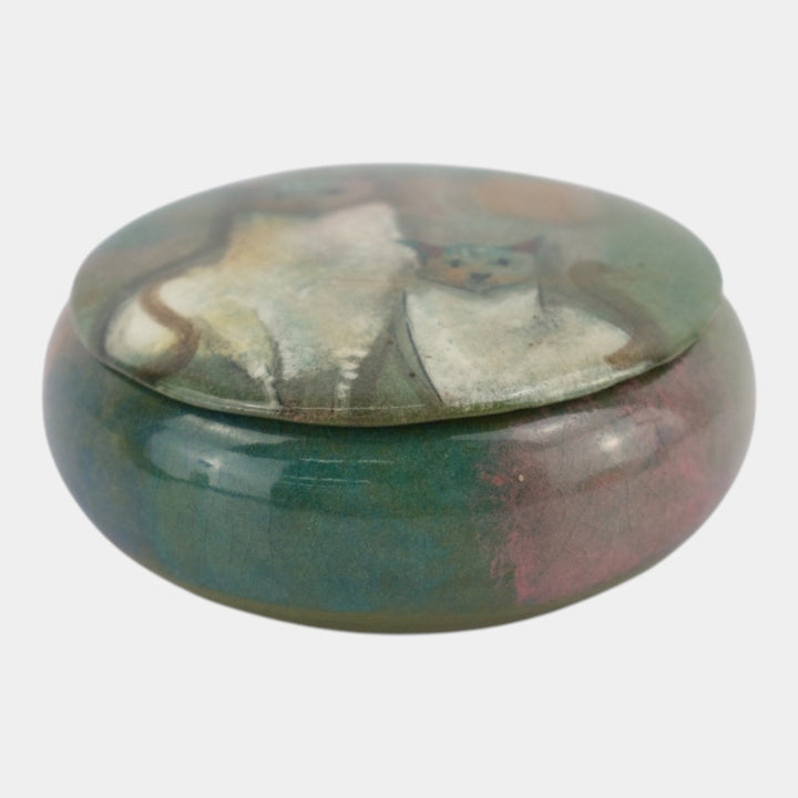 Pillin Studio Mid Century Modern Art Pottery Green Ceramic Cats Dresser Box
