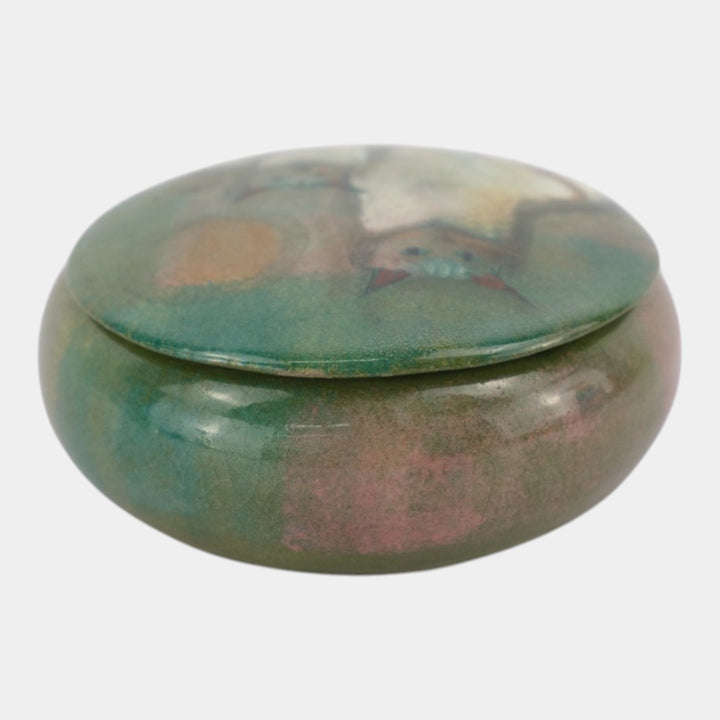 Pillin Studio Mid Century Modern Art Pottery Green Ceramic Cats Dresser Box