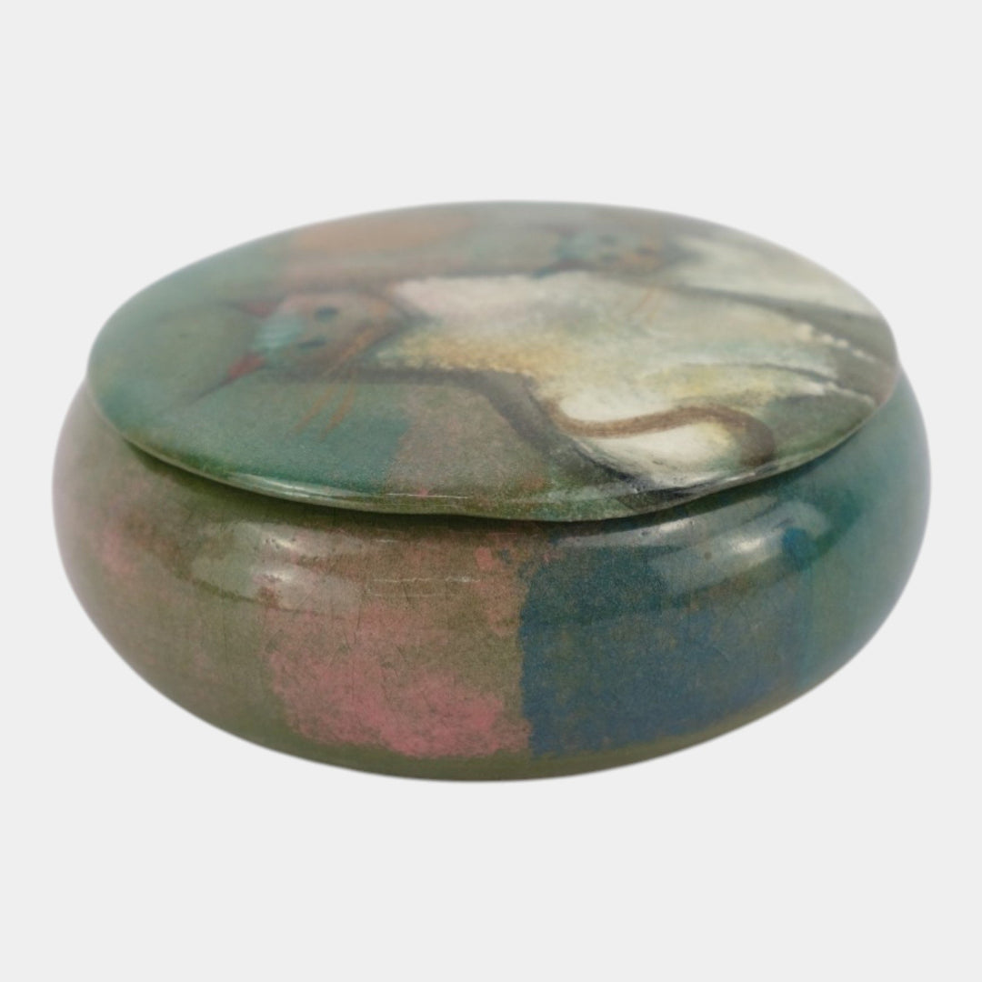 Pillin Studio Mid Century Modern Art Pottery Green Ceramic Cats Dresser Box