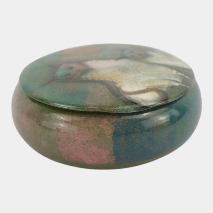 Pillin Studio Mid Century Modern Art Pottery Green Ceramic Cats Dresser Box