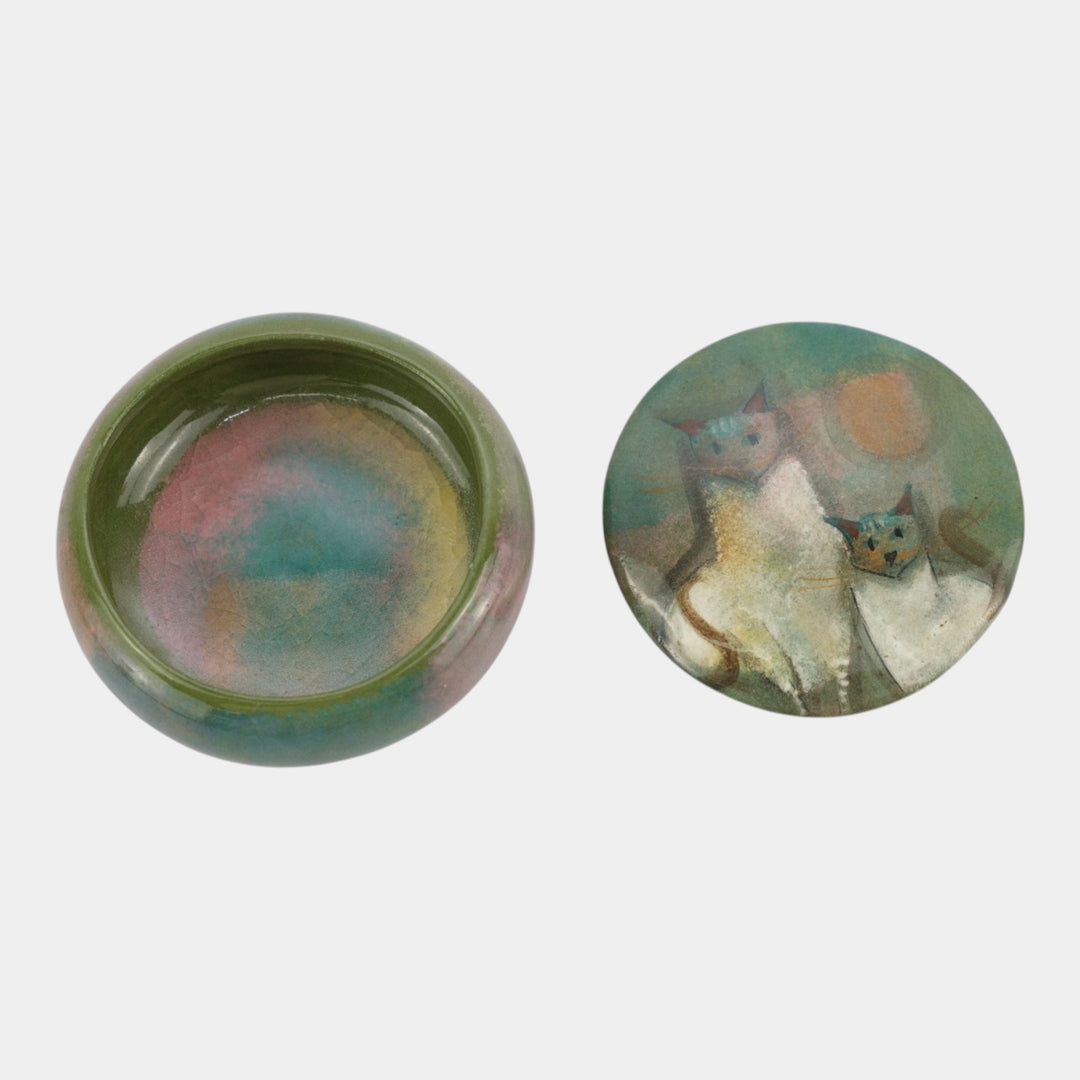 Pillin Studio Mid Century Modern Art Pottery Green Ceramic Cats Dresser Box