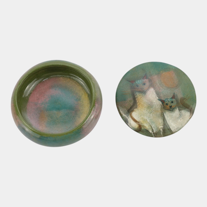 Pillin Studio Mid Century Modern Art Pottery Green Ceramic Cats Dresser Box
