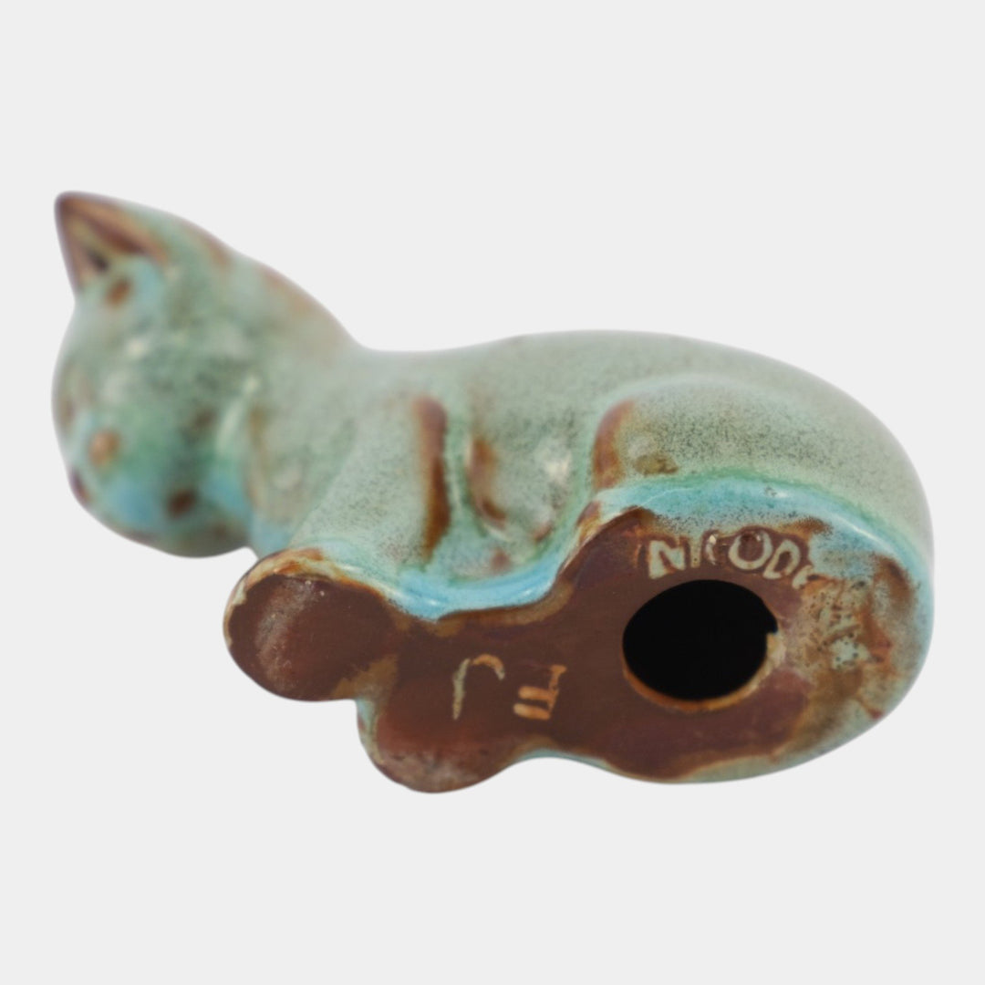 Nicodemus Pottery Brown Green Seated Kitten Figural Art Pottery Cat Figurine