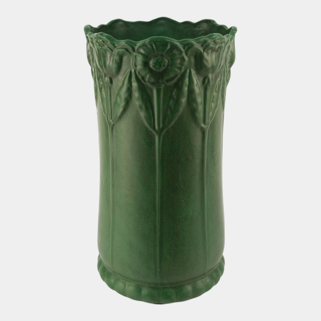 Weller Bedford 1915 Matte Green Arts and Crafts Pottery Floral Umbrella Stand