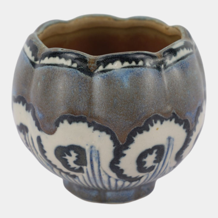 Quimper Odetta French Art Deco Pottery Brown Blue Floral Lobed Ceramic Vase