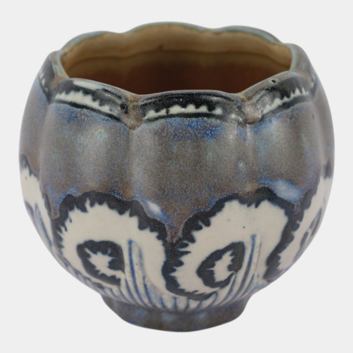 Quimper Odetta French Art Deco Pottery Brown Blue Floral Lobed Ceramic Vase