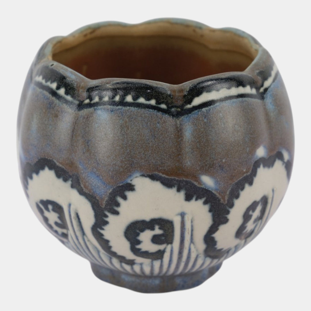 Quimper Odetta French Art Deco Pottery Brown Blue Floral Lobed Ceramic Vase