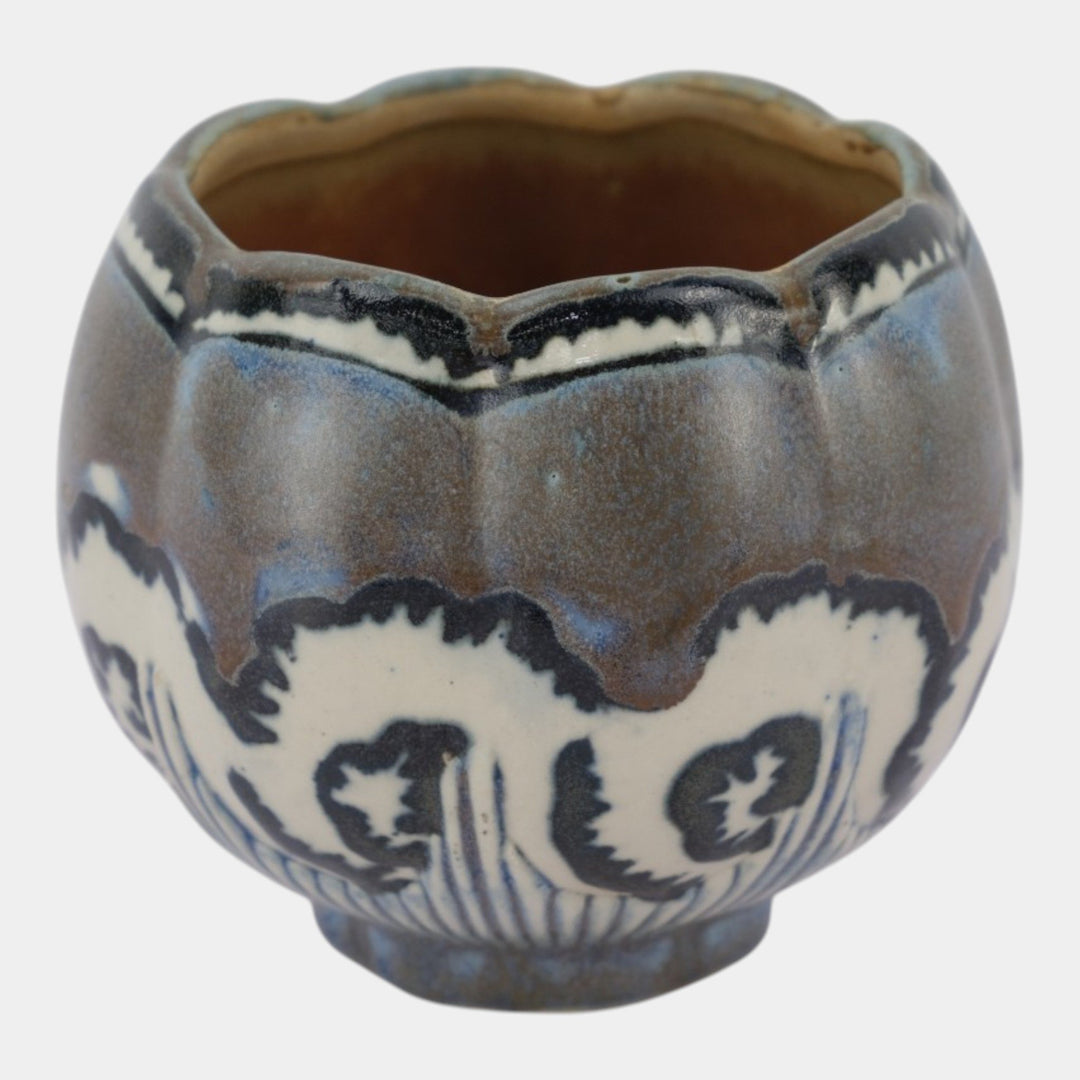 Quimper Odetta French Art Deco Pottery Brown Blue Floral Lobed Ceramic Vase