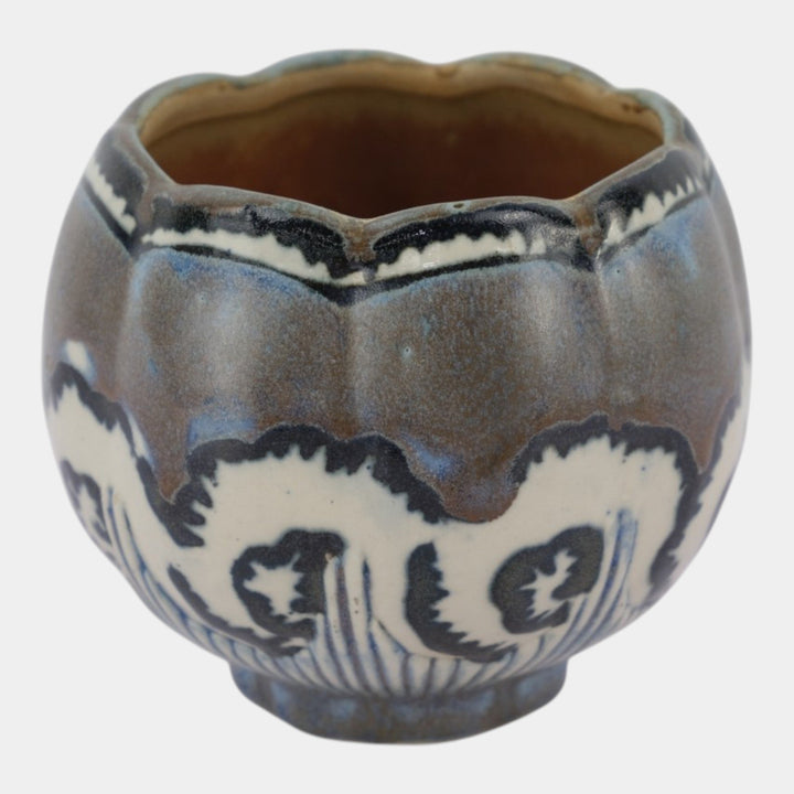Quimper Odetta French Art Deco Pottery Brown Blue Floral Lobed Ceramic Vase