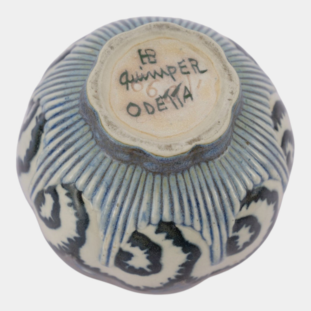 Quimper Odetta French Art Deco Pottery Brown Blue Floral Lobed Ceramic Vase